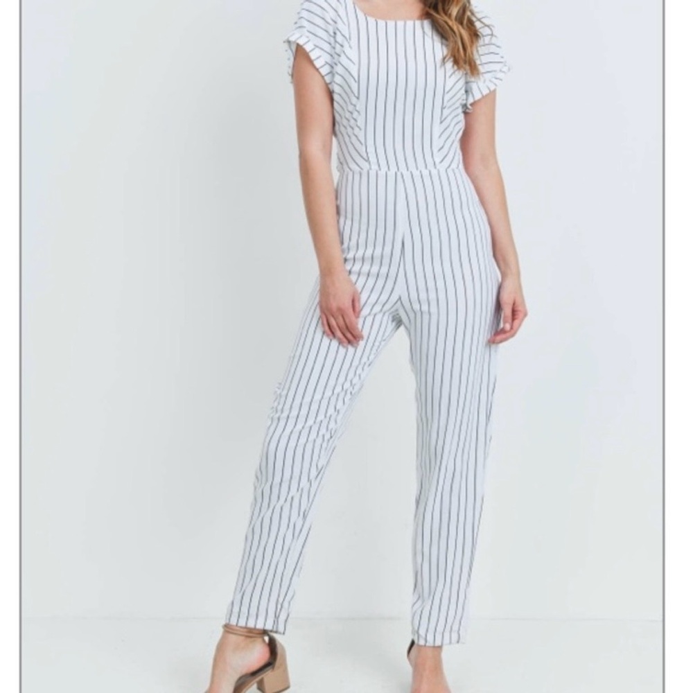 Striped White and Black Tie-Waist Jumpsuit - Picture 4 of 5
